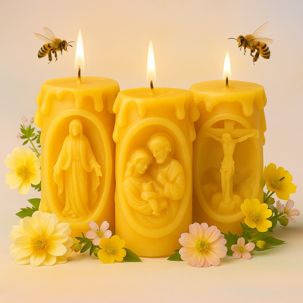 "Hand-poured pure beeswax Catholic candles featuring Virgin Mary, Holy Family, and Crucifix - Catholic devotional beeswax candle set for prayer and altars"