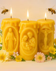 "Hand-poured pure beeswax Catholic candles featuring Virgin Mary, Holy Family, and Crucifix - Catholic devotional beeswax candle set for prayer and altars"