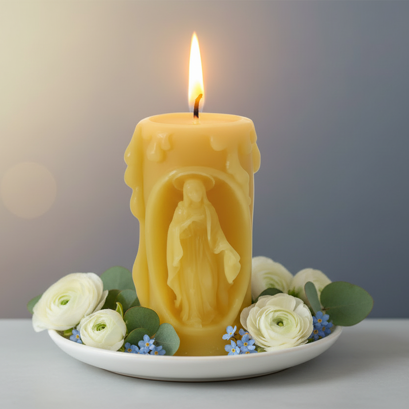 Yellow candle with a figurine inside on a white plate with flowers, against a blurred background