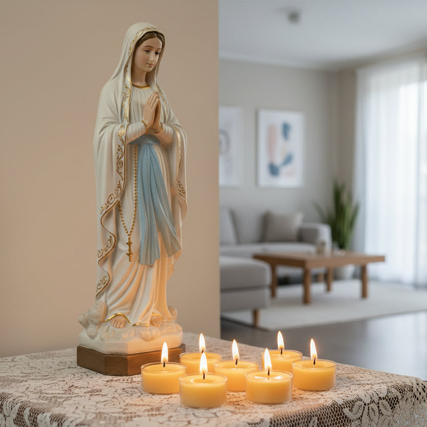 Nine yellow candles in clear holders arranged in a circle on a white background