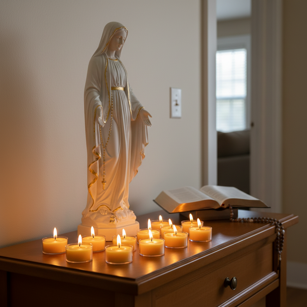 Statue of Virgin Mary with candles and an open bible on a wooden surface.