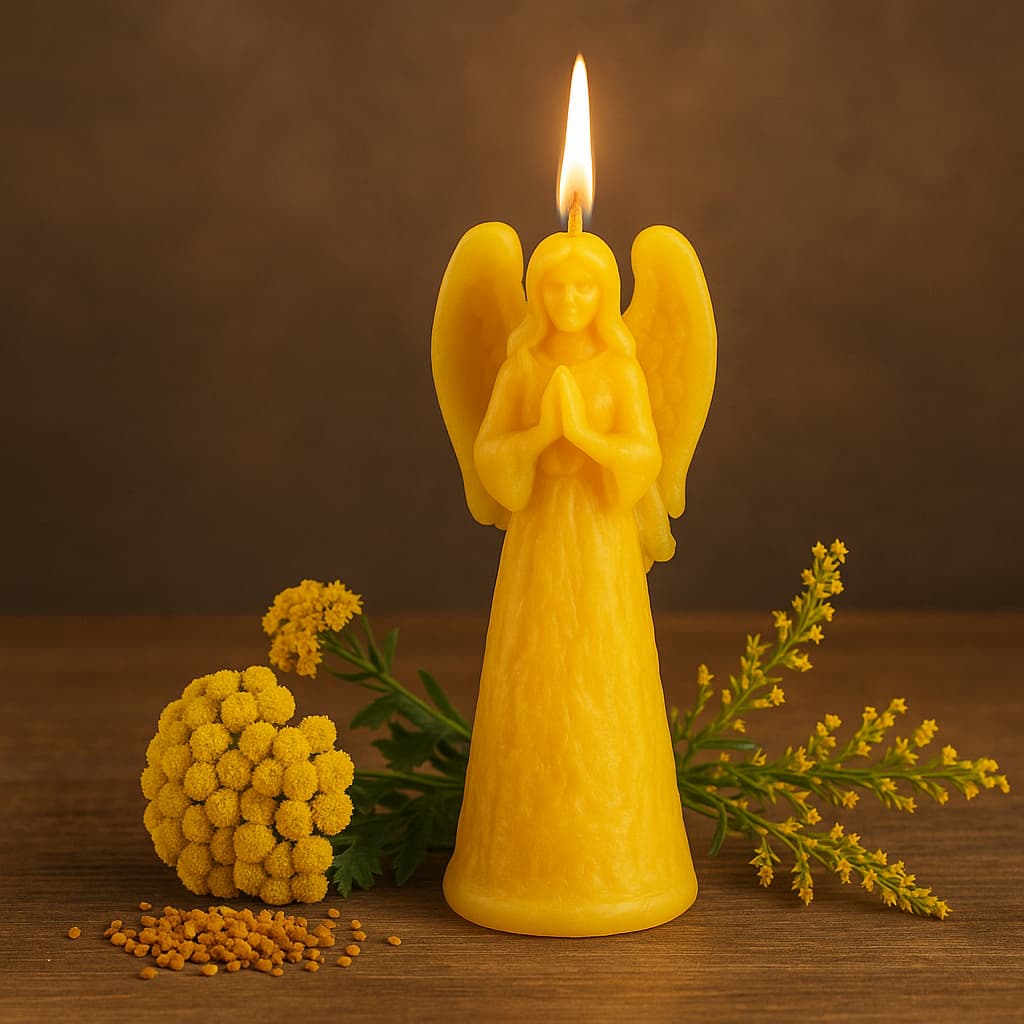 Lit up beeswax praying angel candle with yellow flowers