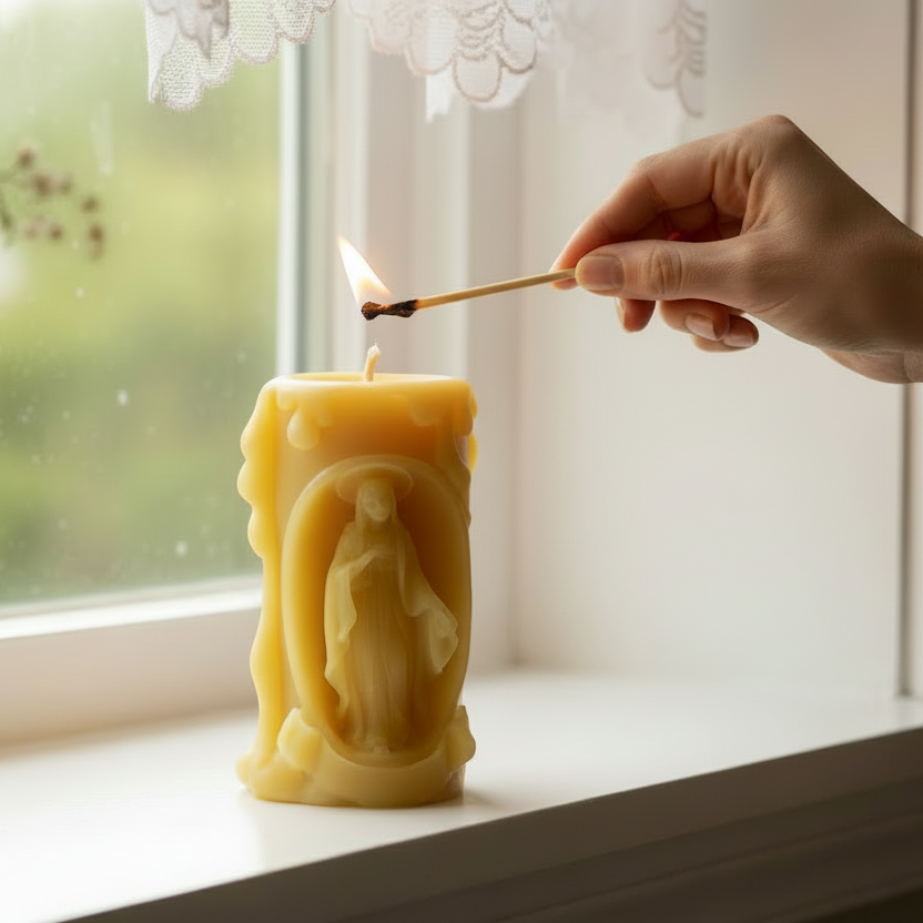 Hand lighting a beeswax candle shaped like Virgin Mary with a window and flowers in the background