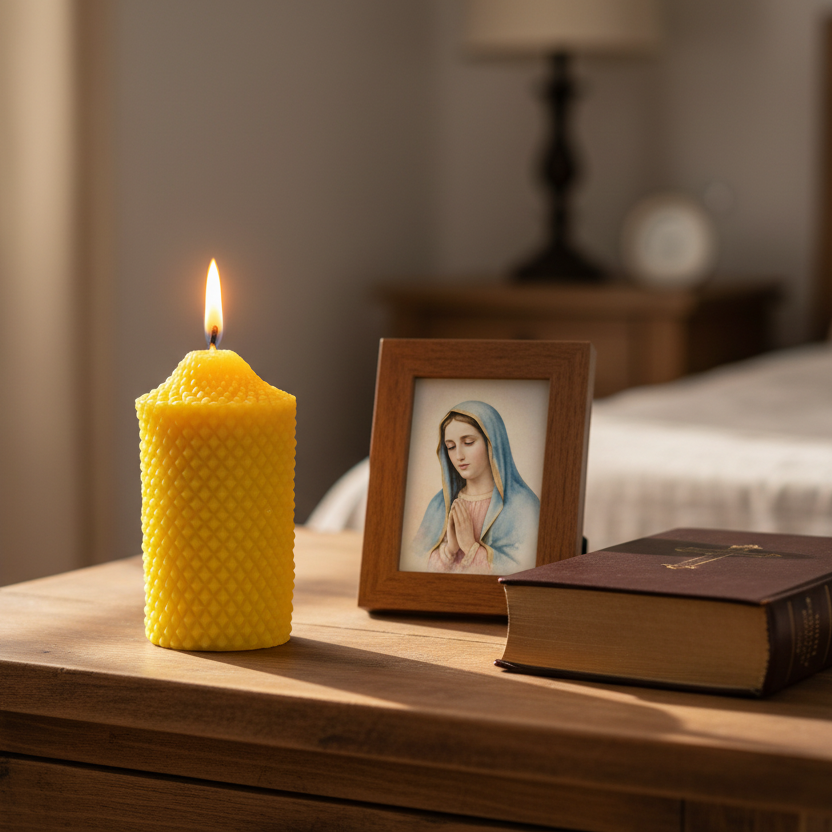 Beeswax Yellow candle, framed picture of Virgin Mary, and a bible on a wooden surface with a blurred bedroom background