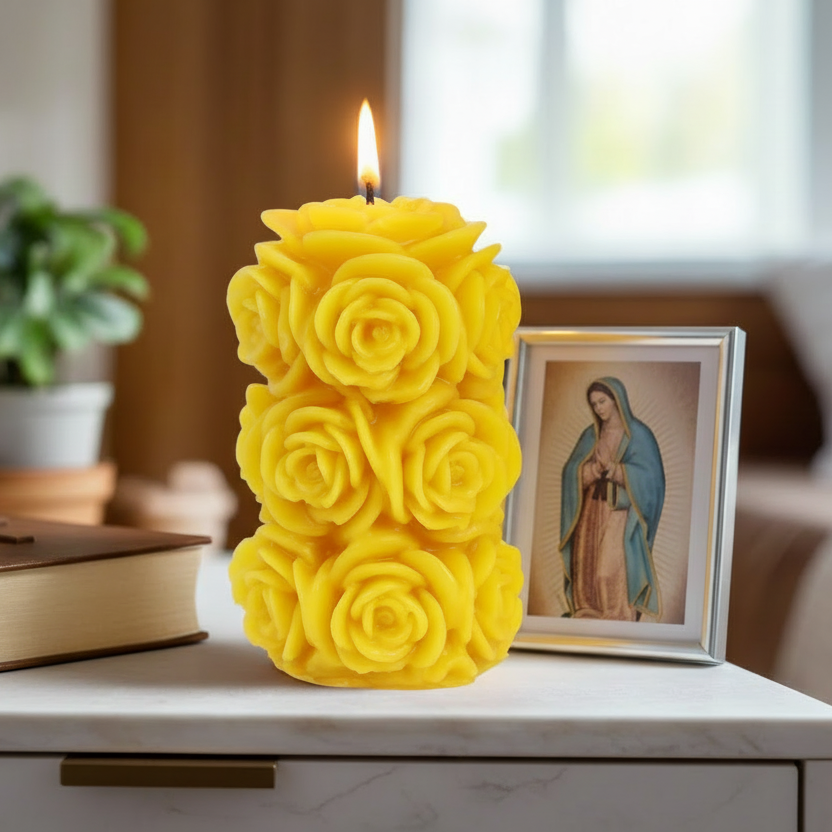 100% beeswax pillar candle with rosette detail