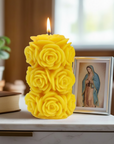 100% beeswax pillar candle with rosette detail