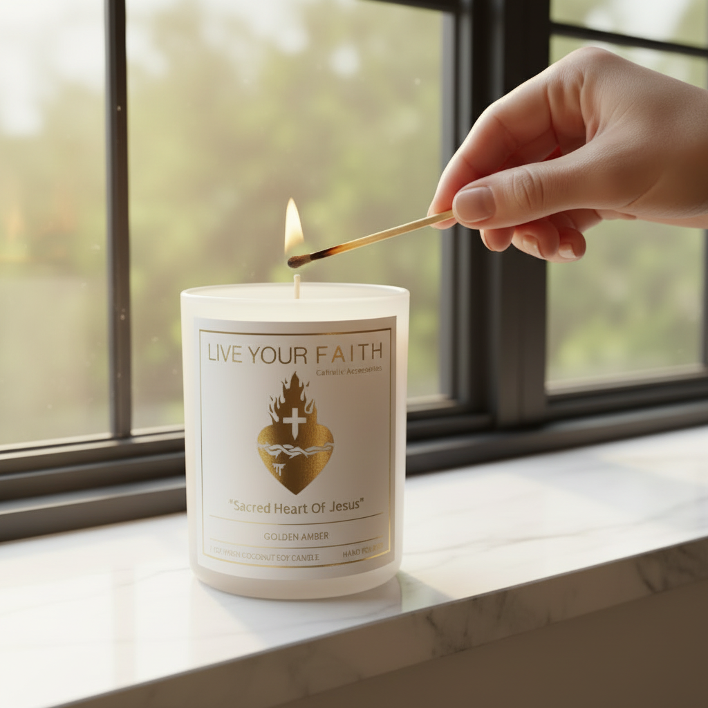 Candle labeled 'Live Your Faith' being lit by a match on a windowsill.