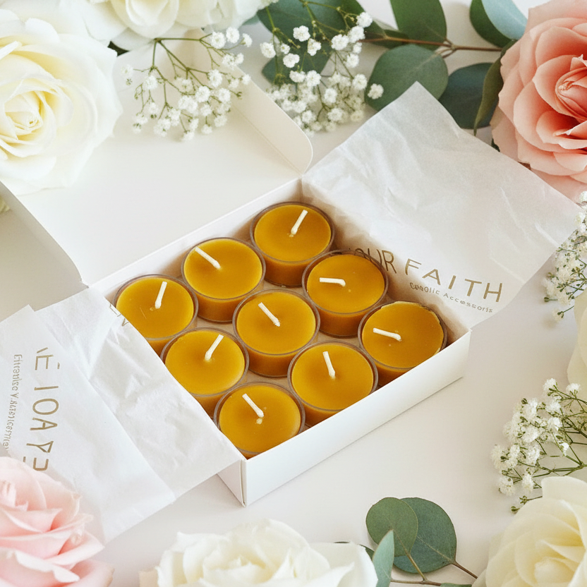Box of beeswax candles surrounded by pink and white roses on a light background