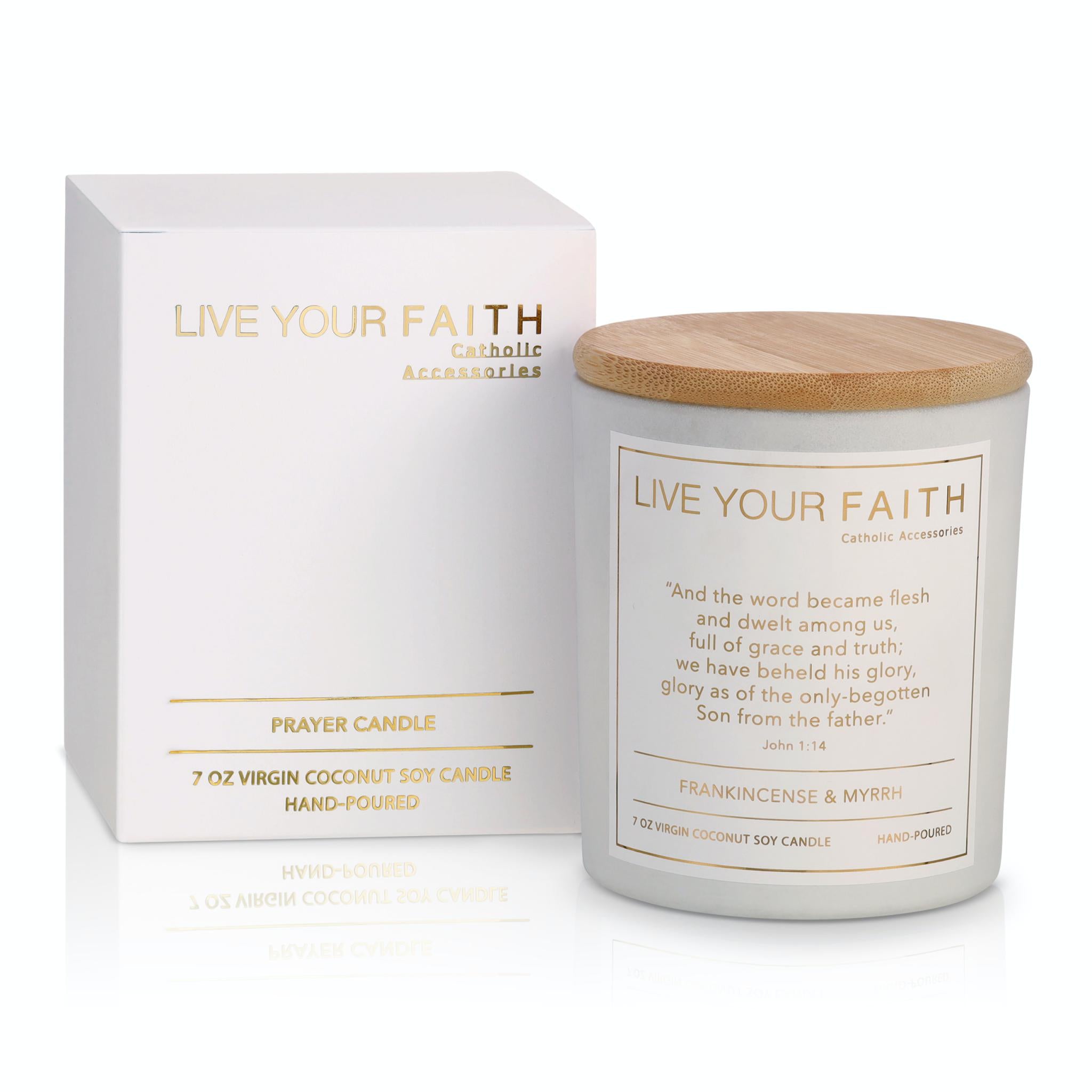 Scented Catholic prayer candle with bible verse John 1:14 in frankincense and myrrh scent