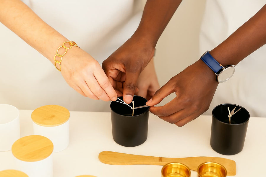 Two pairs of hands making candles together, symbolizing care, craftsmanship, and faith behind the Live Your Faith Catholic brand.