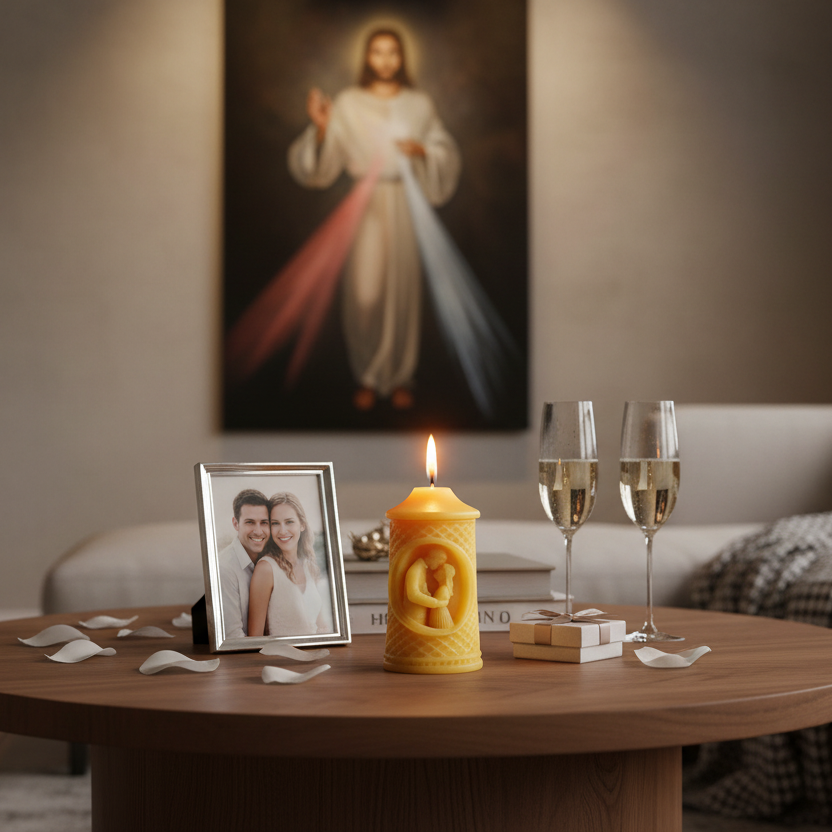 Living room with a table featuring a lit candle, photo frame, and wine glasses, with a religious painting in the background.