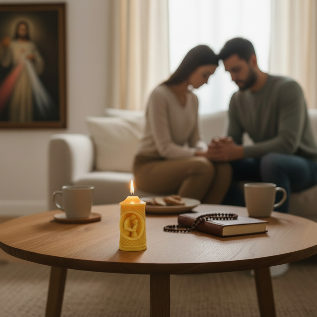 100% Pure Catholic Prayer Beeswax Candle – Couple Embrace Design