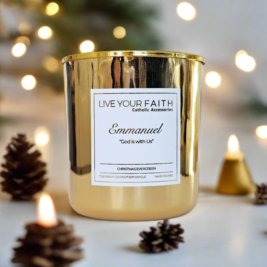 Scented prayer candle in gold vessel, 7oz. Scent is Christmas evergreen. Candle name Emmanuel, God is with us.