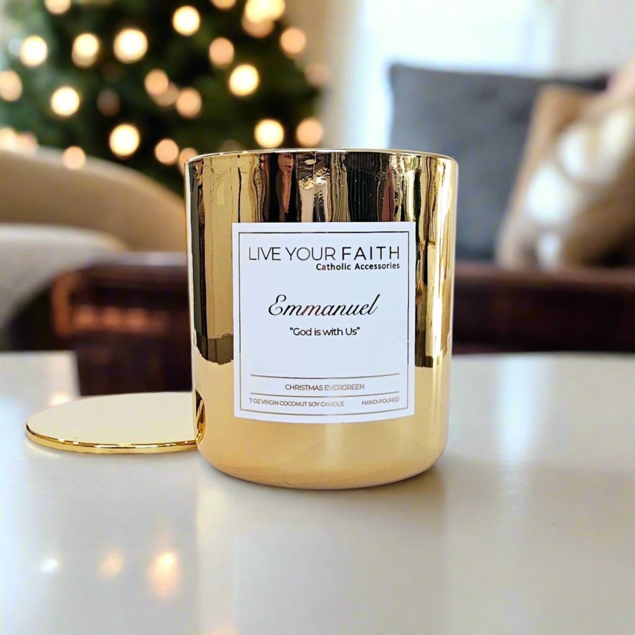 Emmanuel scented prayer candle in a gold vessel. 7oz. 