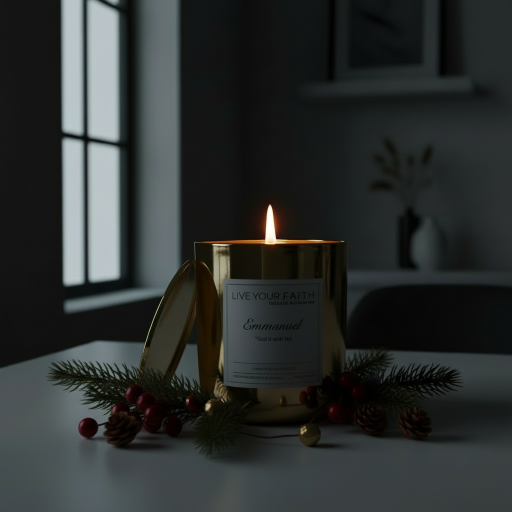 Emmanuel Christmas candle on a table lit with Christmas accents