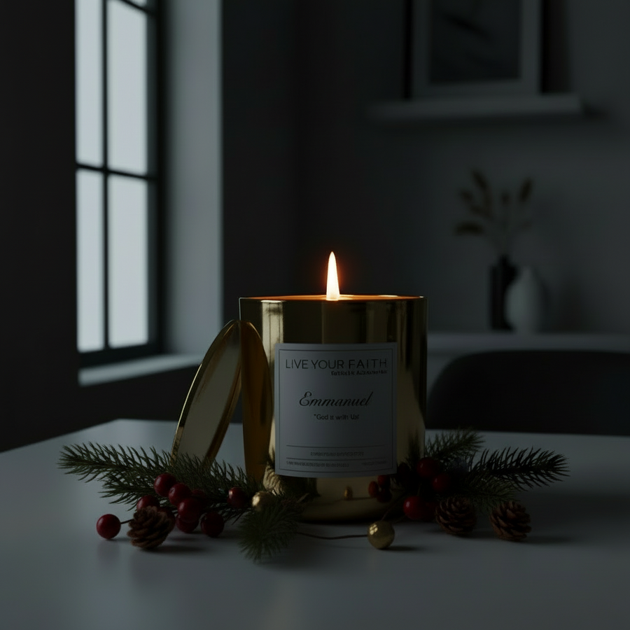 Emmanuel Christmas candle on a table lit with Christmas accents