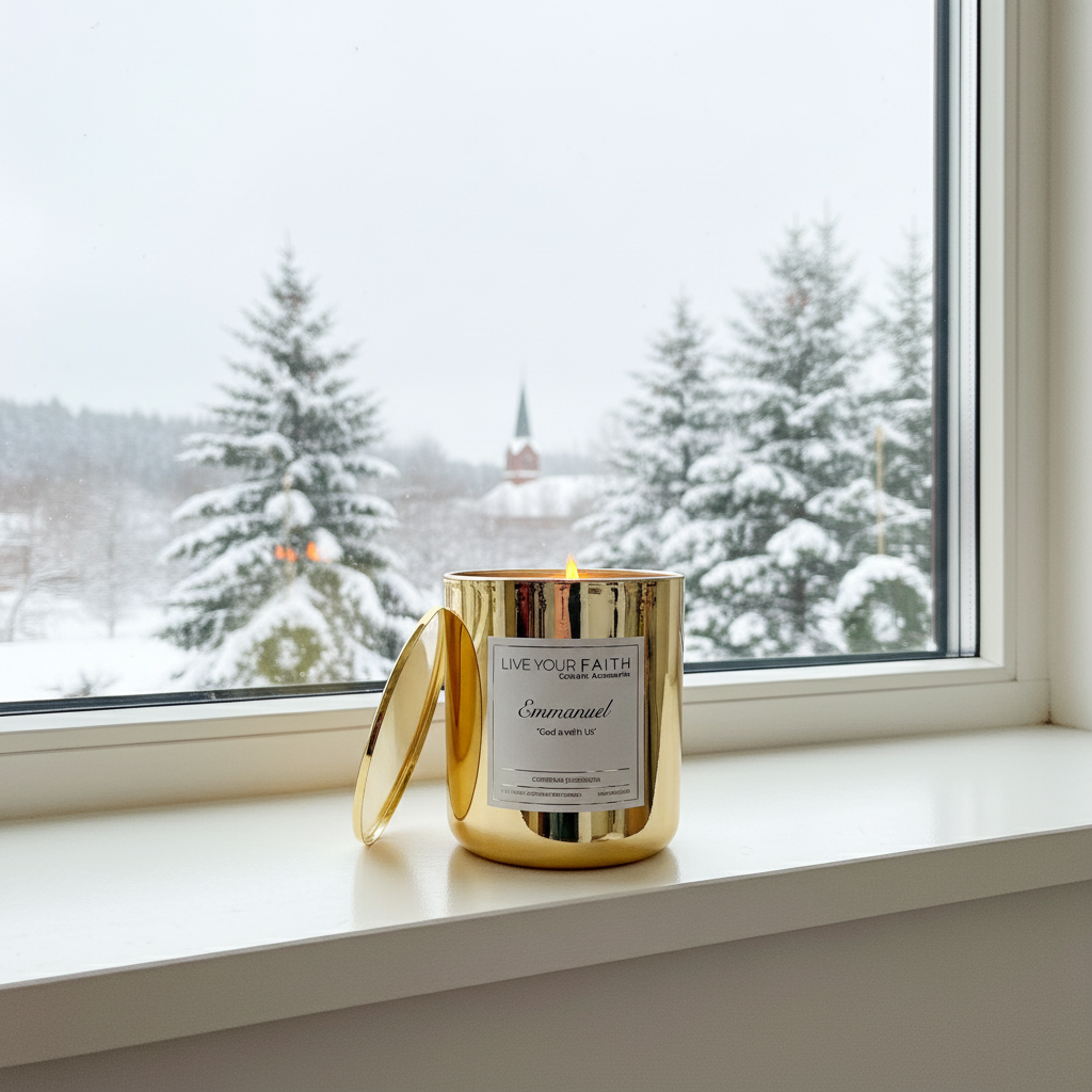 Emmanuel candle on a window ledge