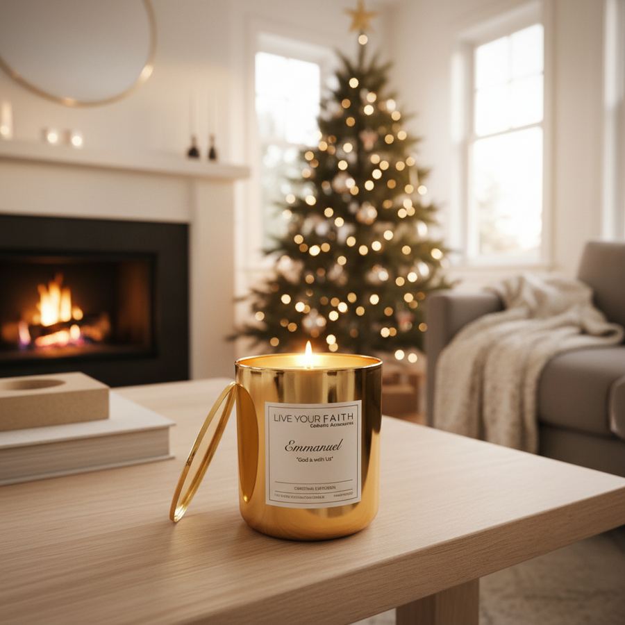 Emmanuel Christmas candle on a cozy modern living room