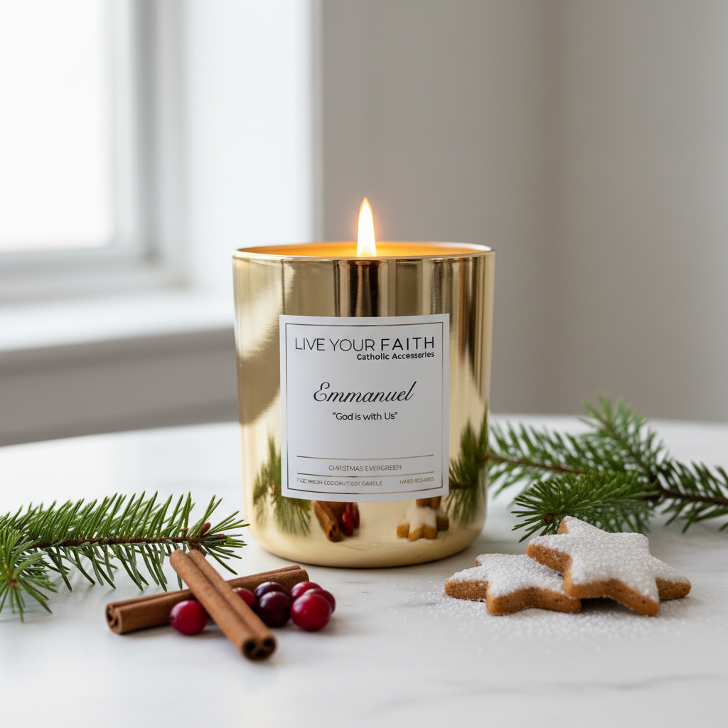 Emmanuel candle lit up on a table next to cookies