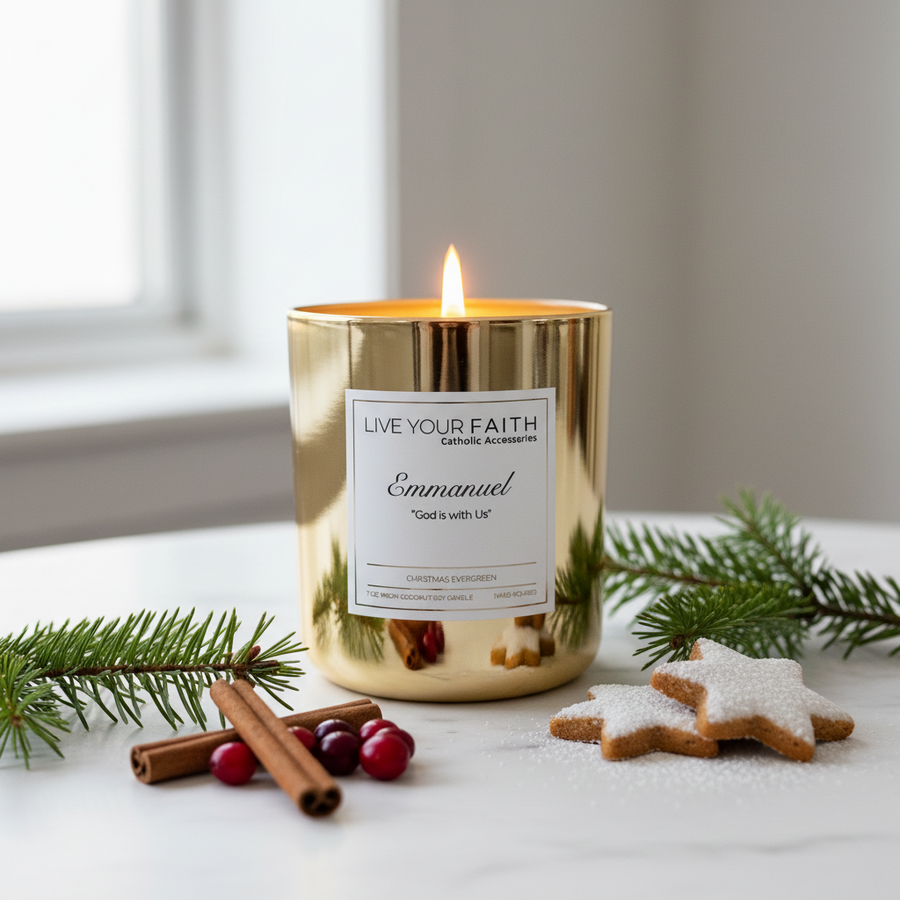 Emmanuel candle lit up on a table next to cookies