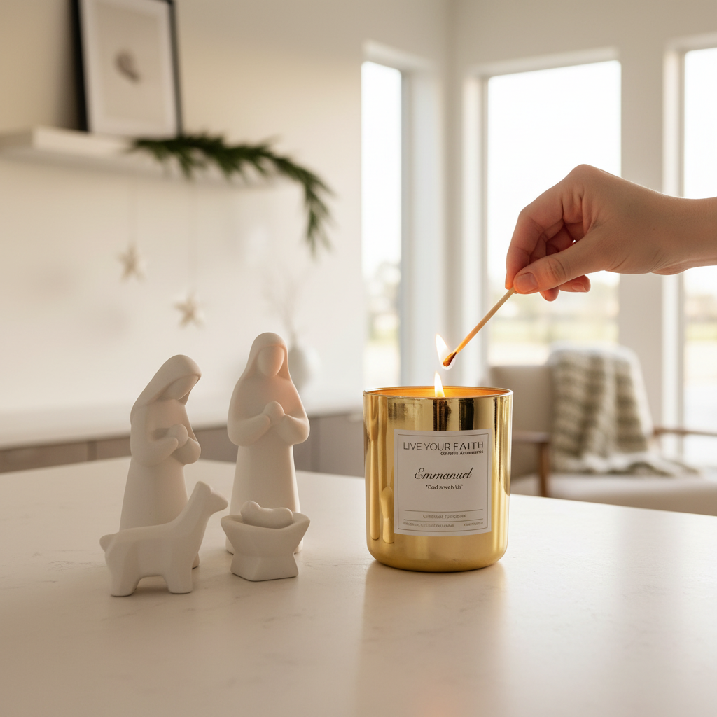 Emmanuel candle being lit by a hand next to a nativity.