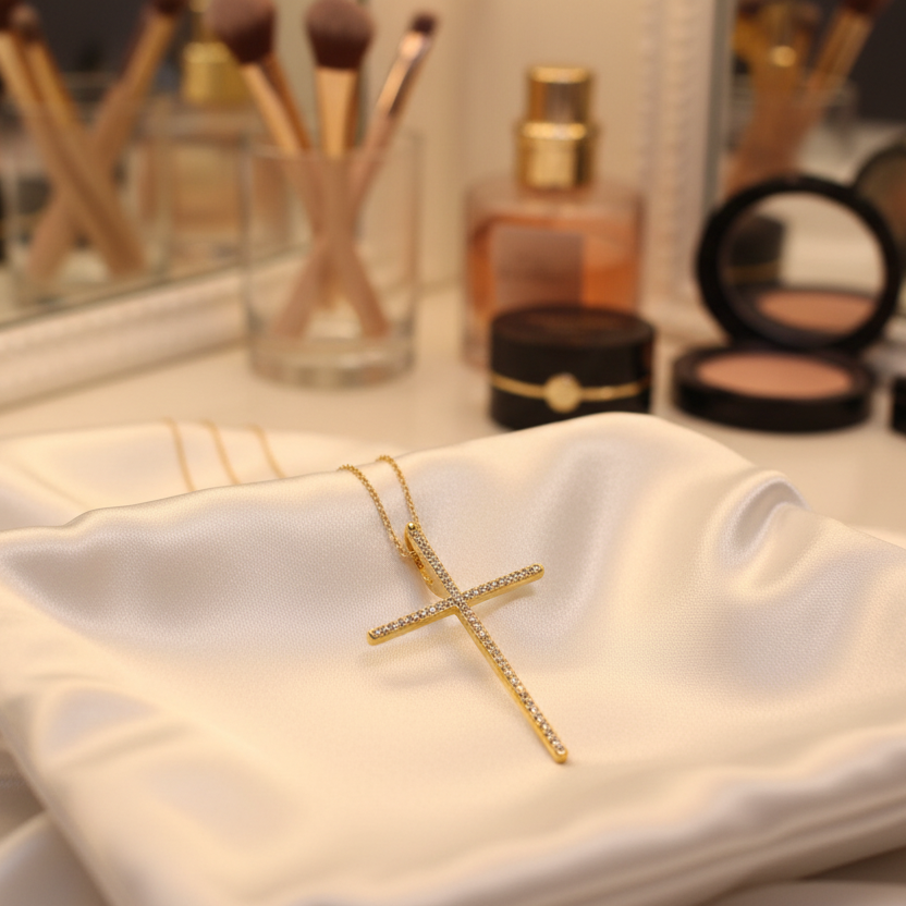 Gold cross necklace on a white pillow with makeup brushes and products in the background