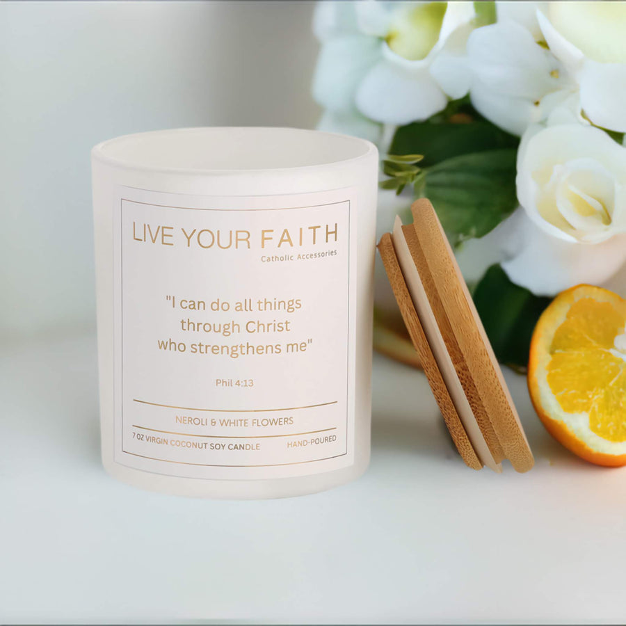 Phil. 4:13 Scented Prayer Candle in Neroli and white Flowers