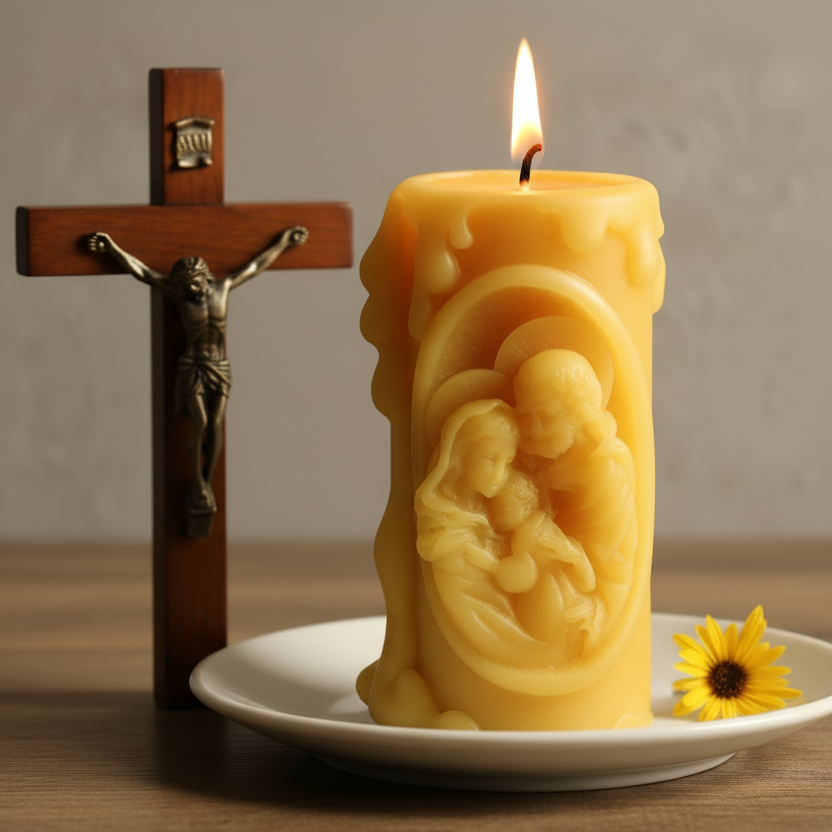 Catholic Beeswax Candle Set | Virgin Mary, Holy Family & Crucifix | Handcrafted Devotional Gifts