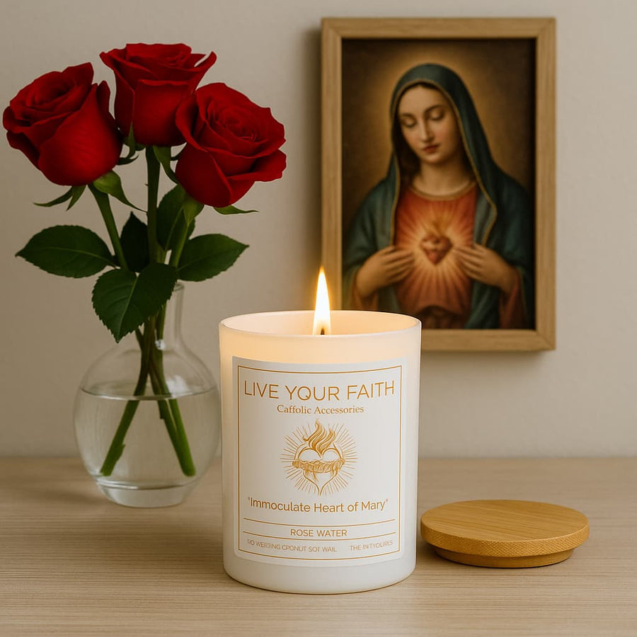 immaculate heart of Mary scented prayer candle in Rose water scent hand poured