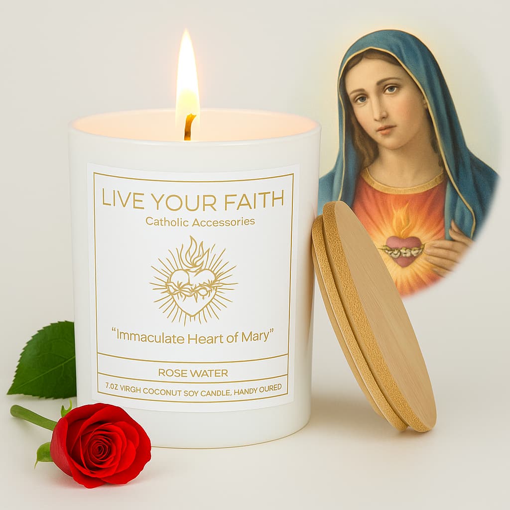 immaculate heart of Mary scented prayer candle in Rose water scent hand poured