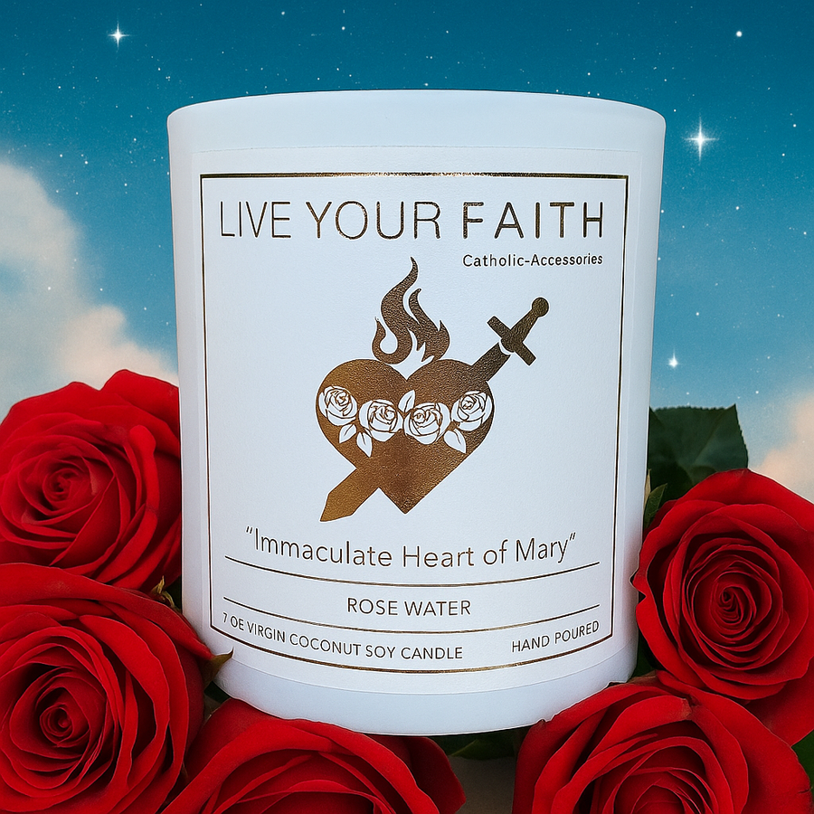 Candle with 'Live Your Faith' label surrounded by red roses against a starry night sky Immaculate heart of Mary Candle