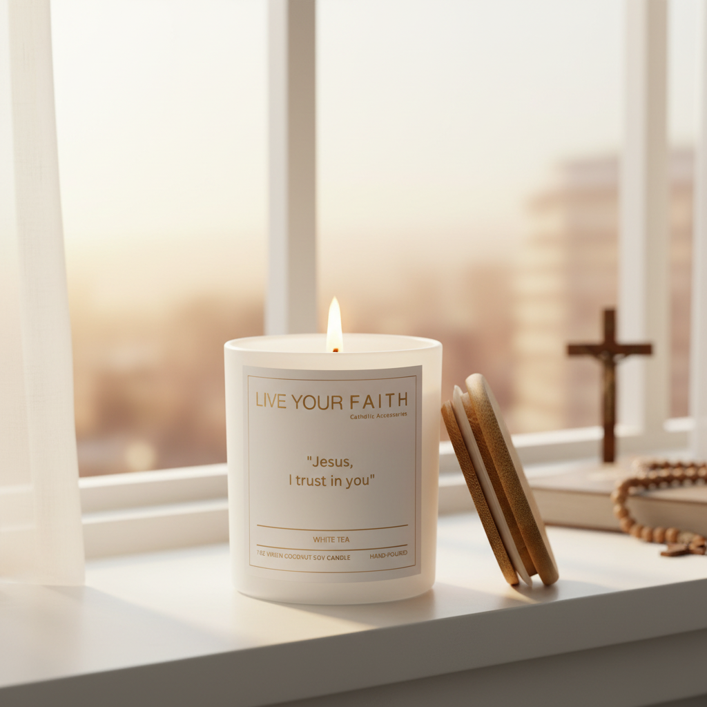 White candle with "Jesus I trust in you" label  on a white background