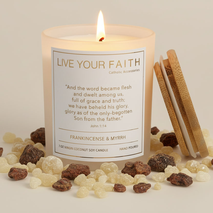 catholic prayer candle with bible verse John 1:14 in frankincense and myrrh