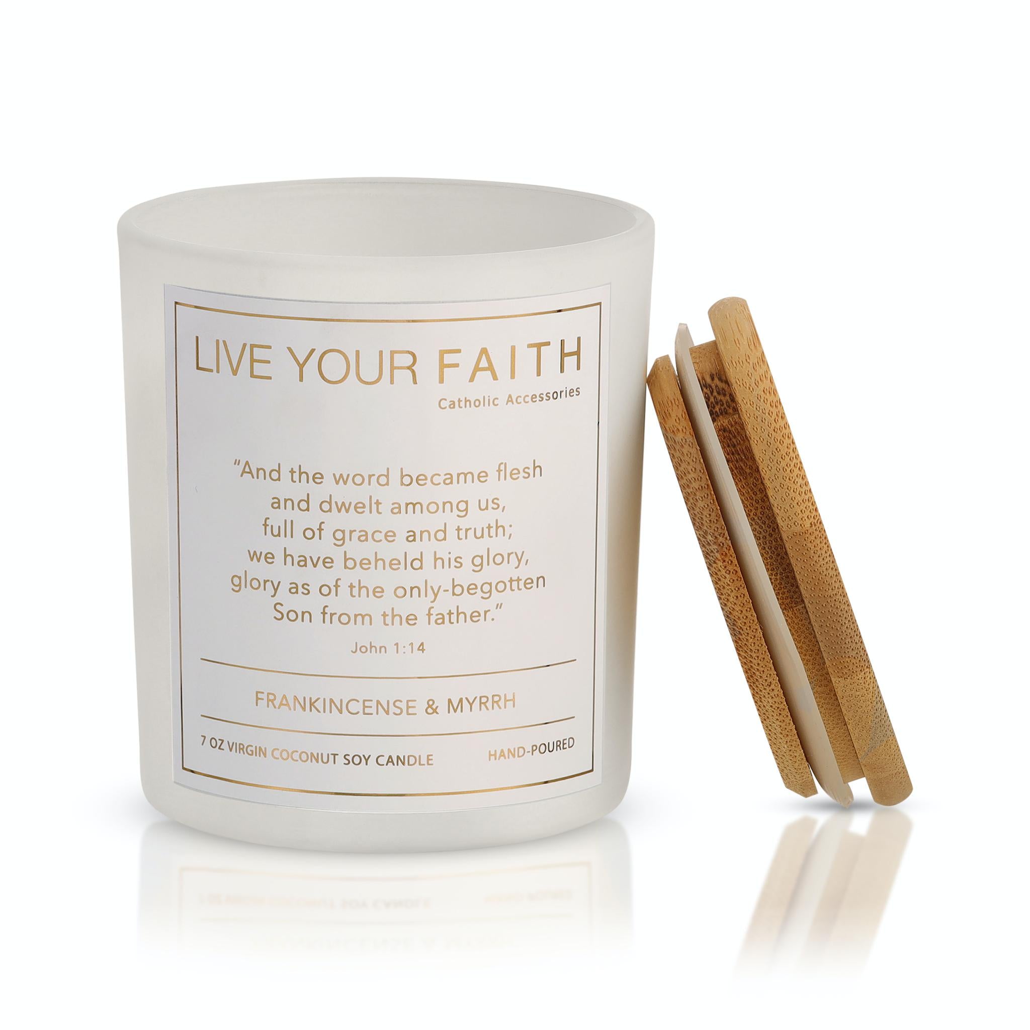 catholic prayer candle with bible verse John 1:14 in frankincense and myrrh
