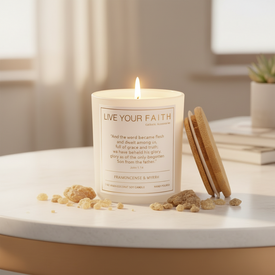 Candle with 'Live Your Faith' text and wooden lid on a white background