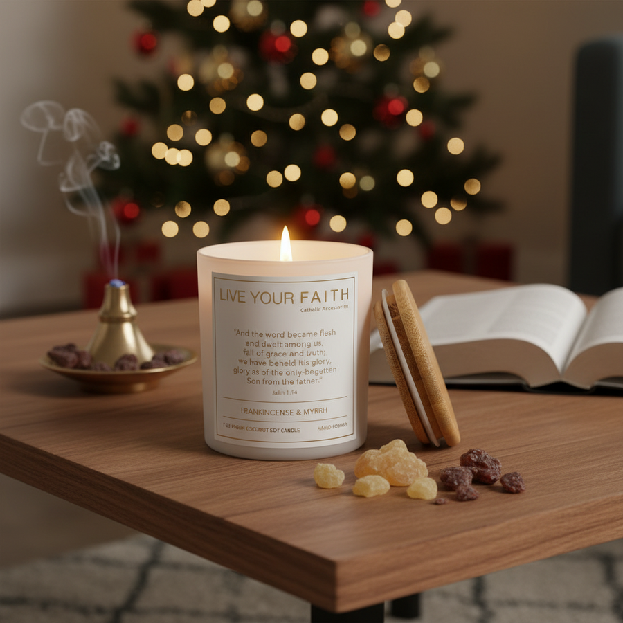 Candle with 'Live Your Faith' text and wooden lid on a white background