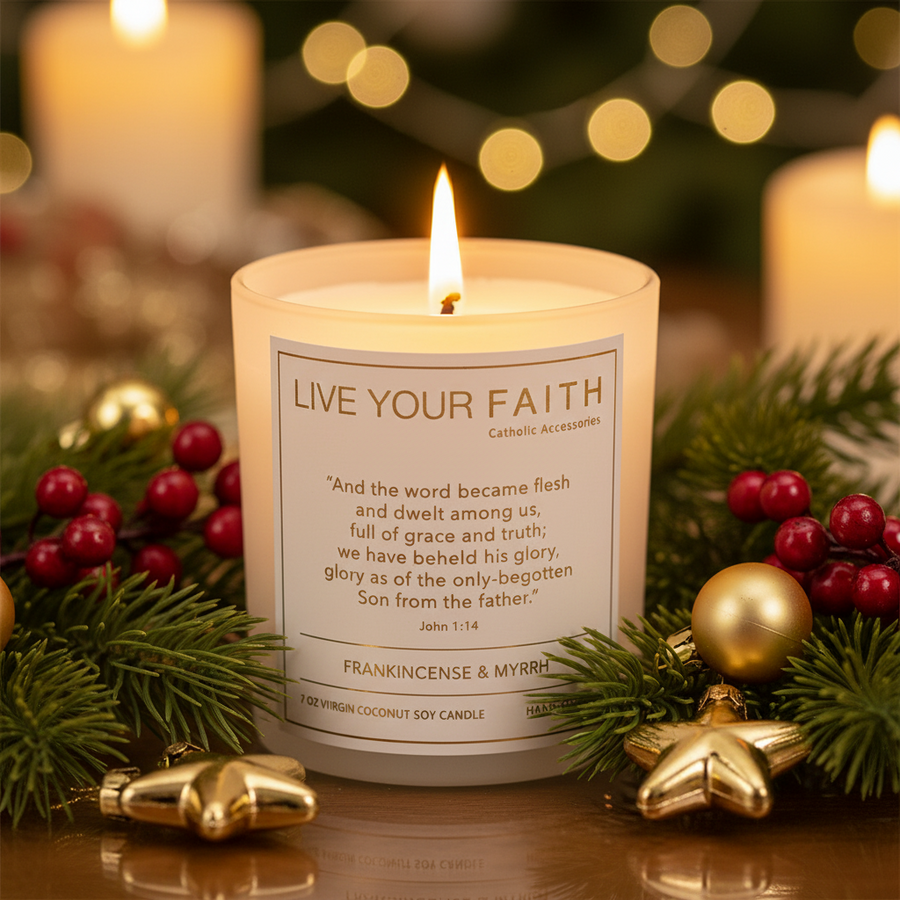 Candle with 'Live Your Faith' text and wooden lid on a white background with the bible quote John 1:14