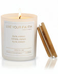 Kirie Eleison Candle in a 7oz white matte jar and a white paper label with gold foil made by live your faith Catholic