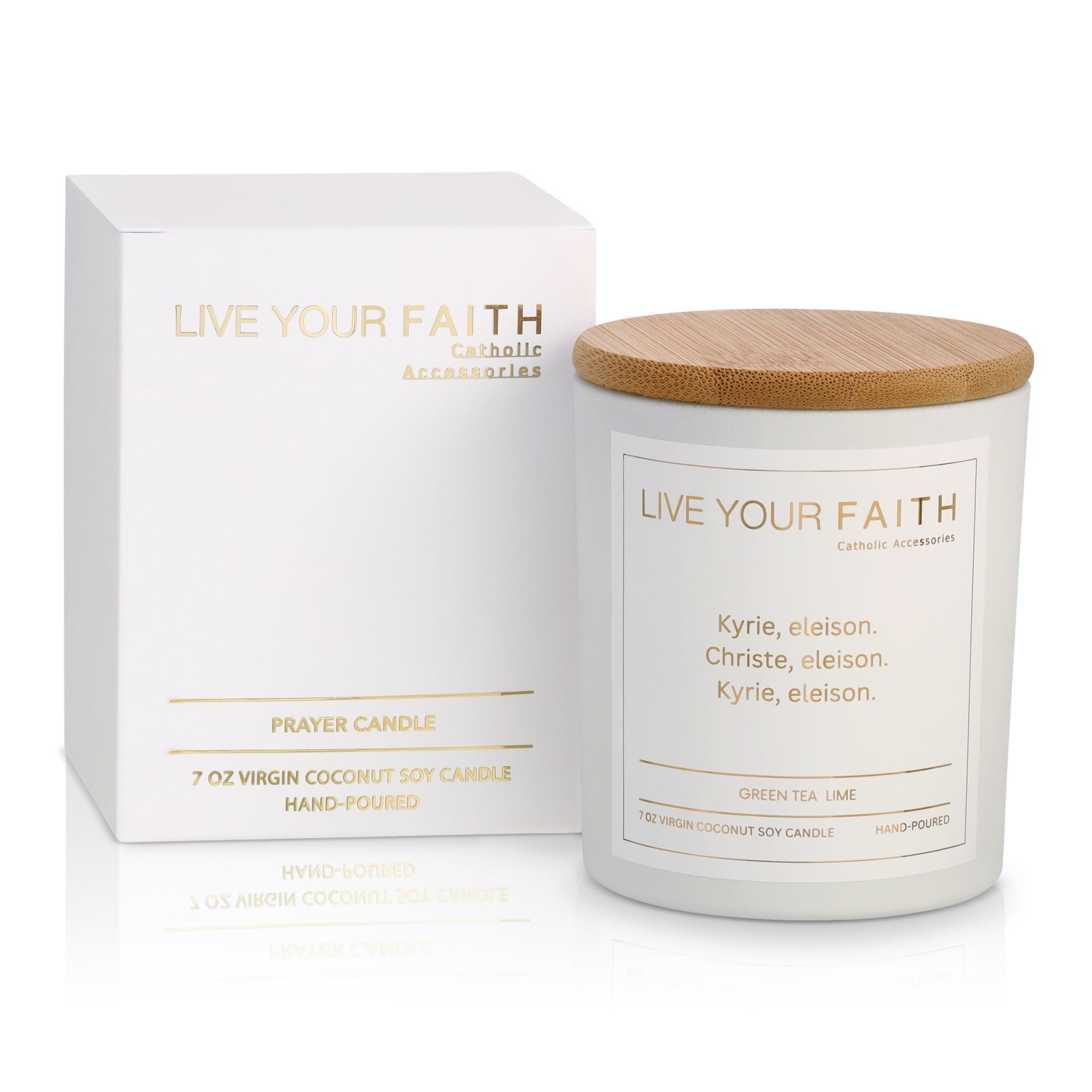 Catholic Prayer Candle with Kyrie Eleison Prayer Green Tea Lime Scent