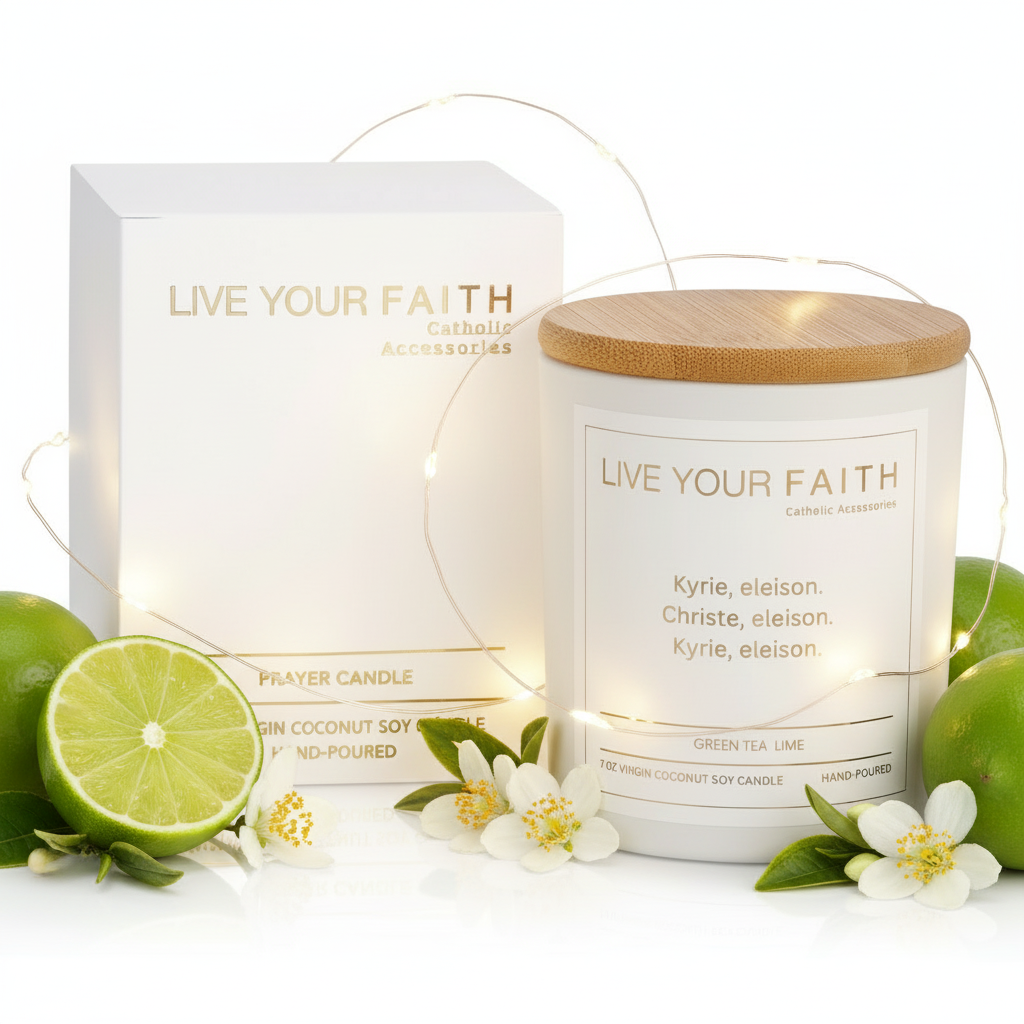 Catholic Prayer Candle with Kyrie Eleison Prayer Green Tea Lime Scent