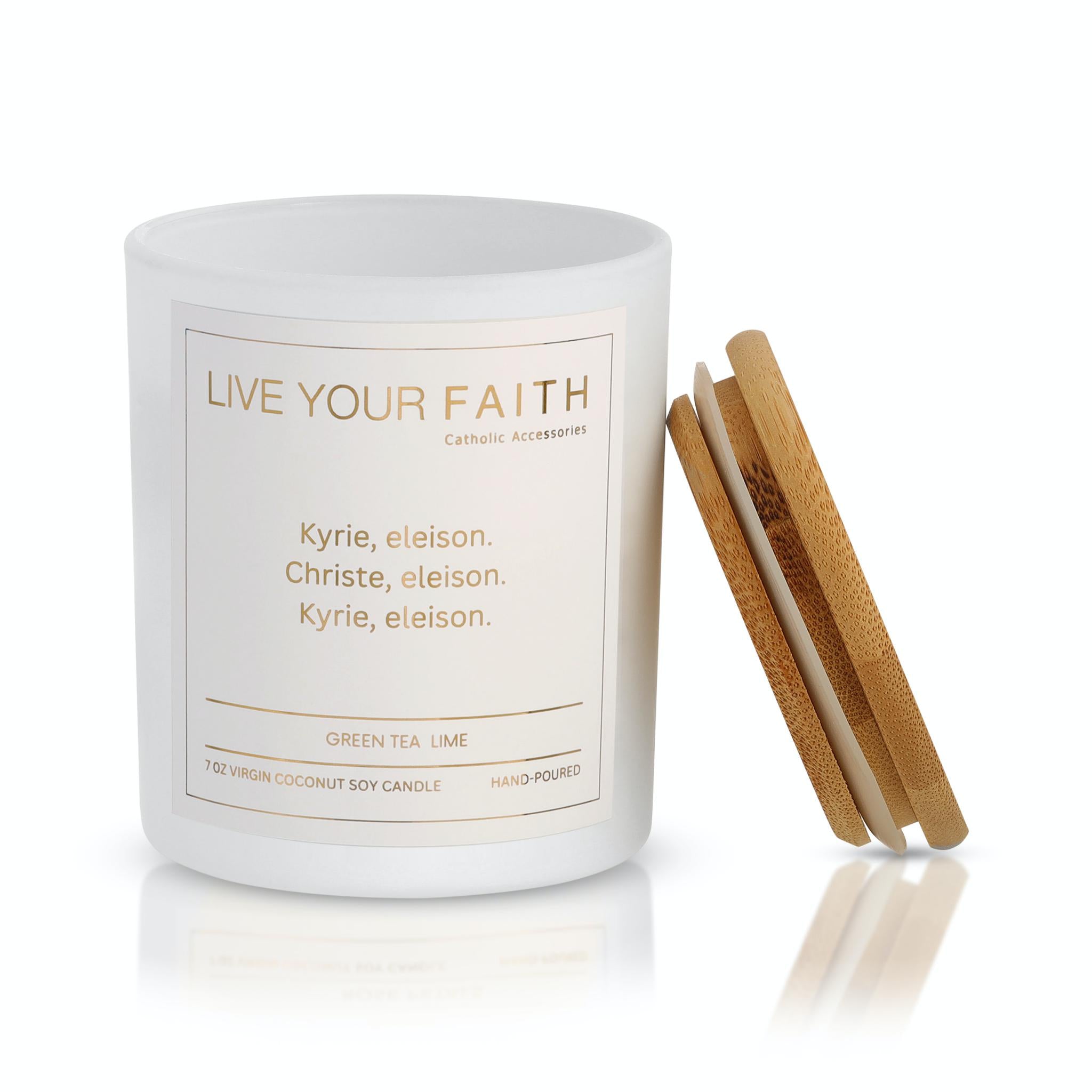Catholic Prayer Candle with Kyrie Eleison Prayer Green Tea Lime Scent