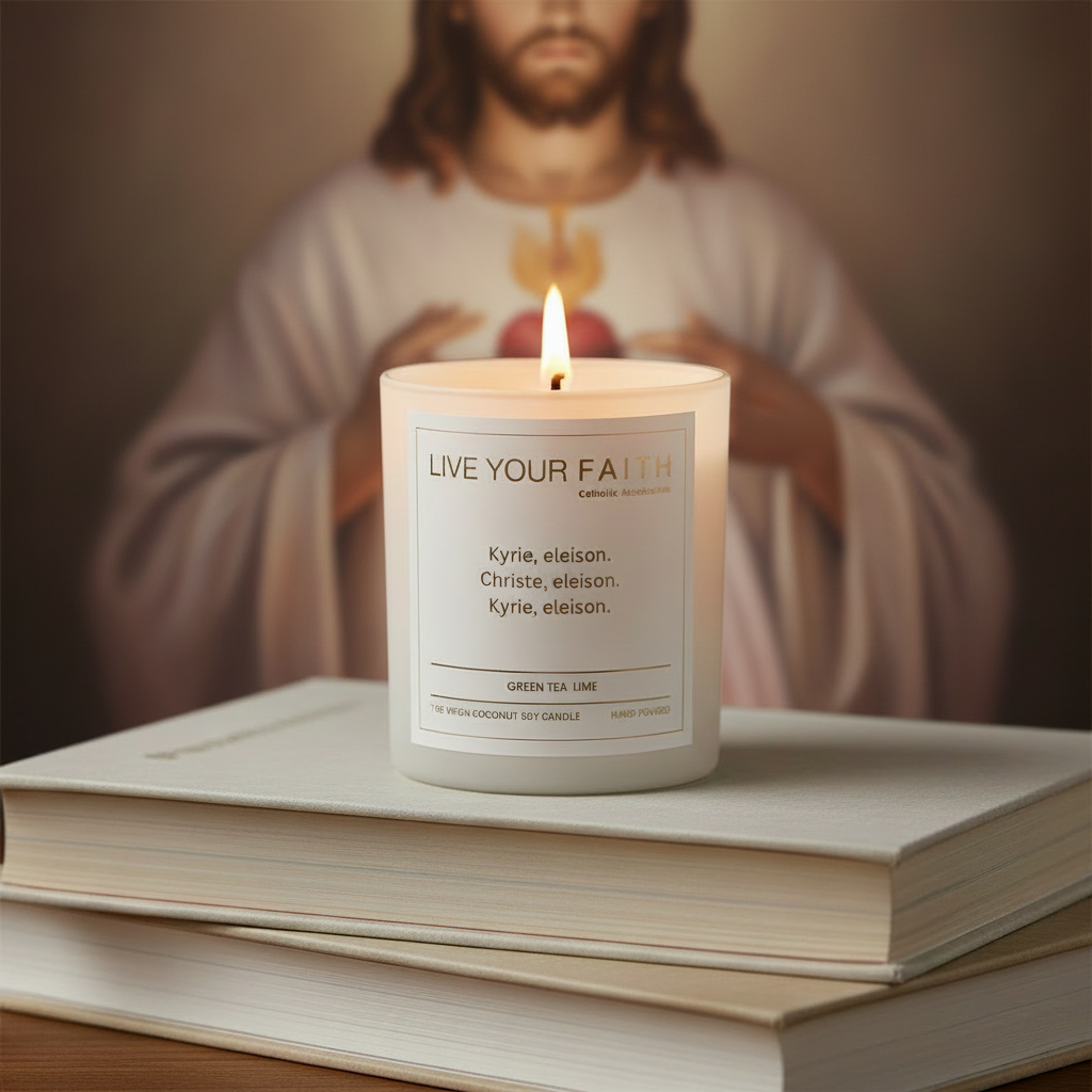 Catholic Prayer Candle with Kyrie Eleison Prayer Green Tea Lime Scent