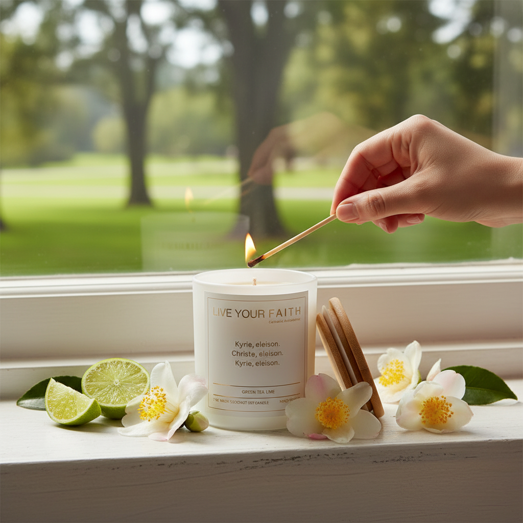 Catholic Prayer Candle with Kyrie Eleison Prayer Green Tea Lime Scent