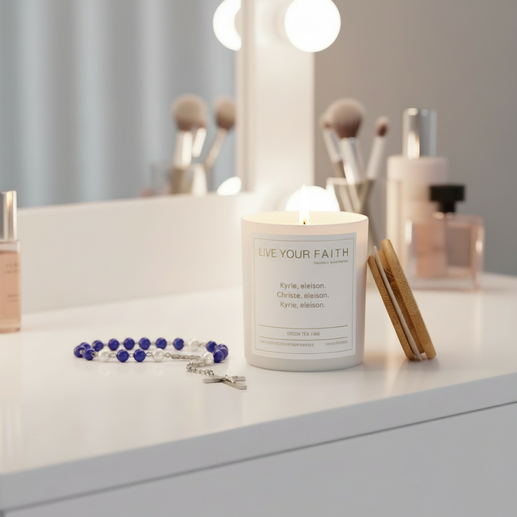 Catholic Prayer Candle with Kyrie Eleison Prayer Green Tea Lime Scent