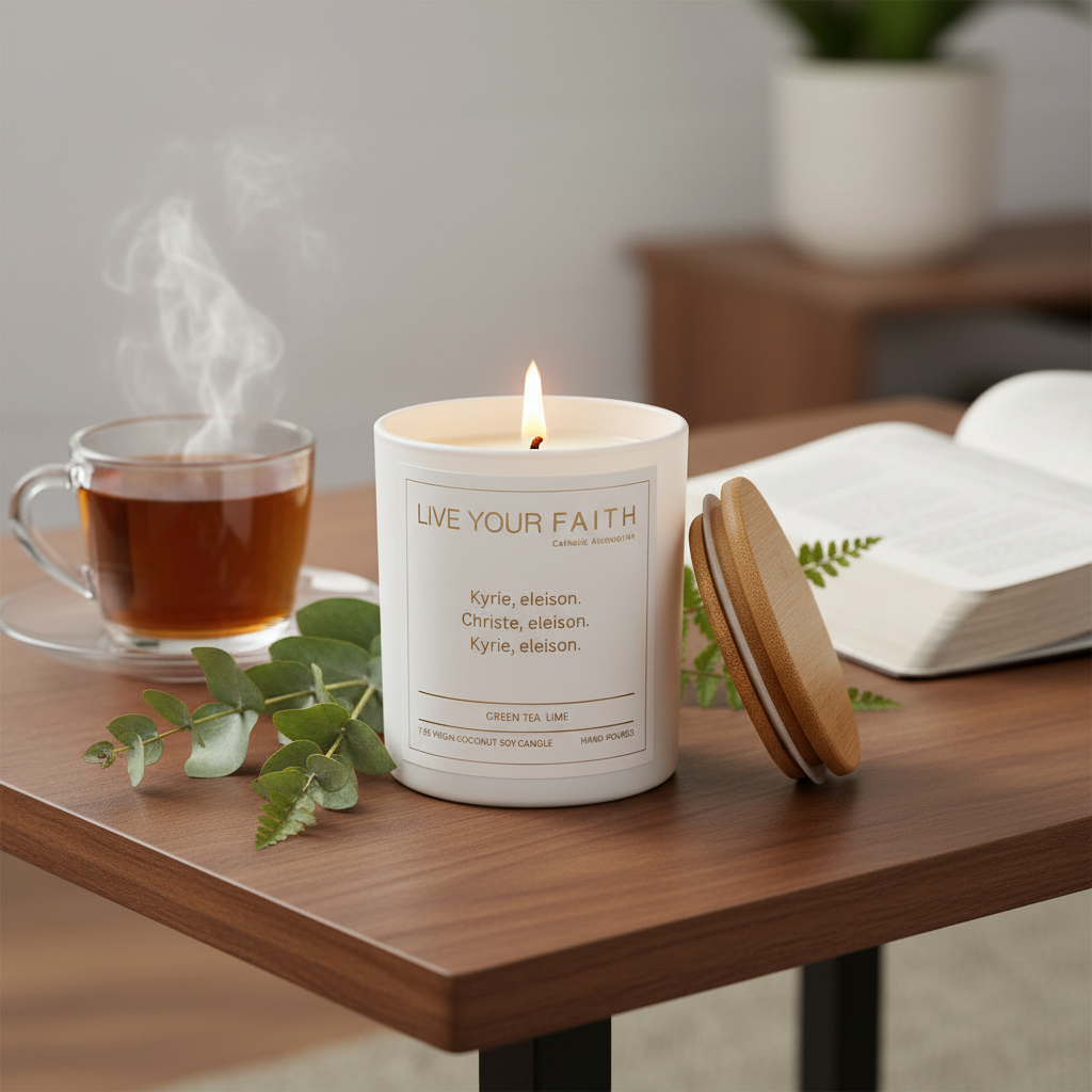 Catholic Prayer Candle with Kyrie Eleison Prayer Green Tea Lime Scent