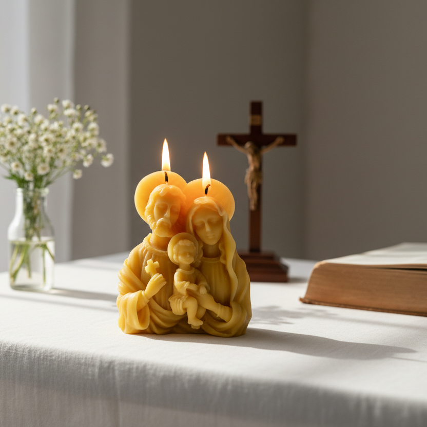 Candle shaped like a Holy family with a cross and bible in the background