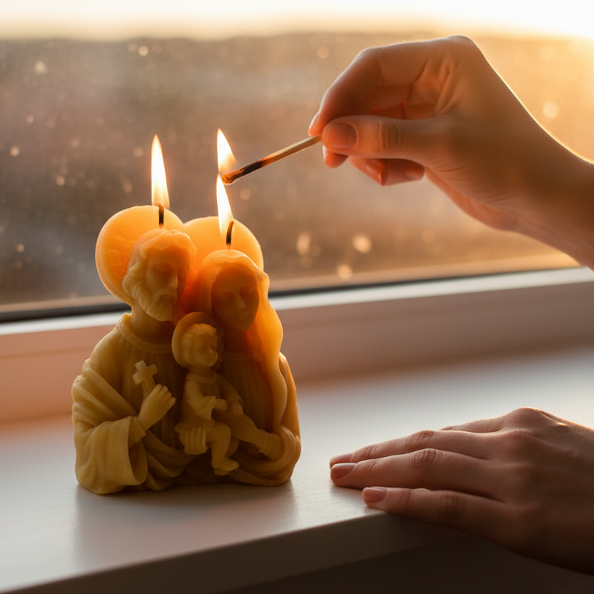 Person lighting a candle shaped like the Holy Family with a match by a window.