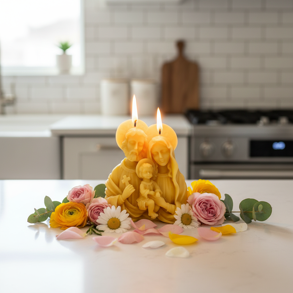 Yellow Beeswax Holy family-shaped candle on a kitchen counter with flowers.