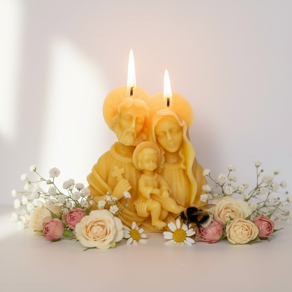 Pure beeswax candles shaped like a Holy family with flowers and a bee on a light background