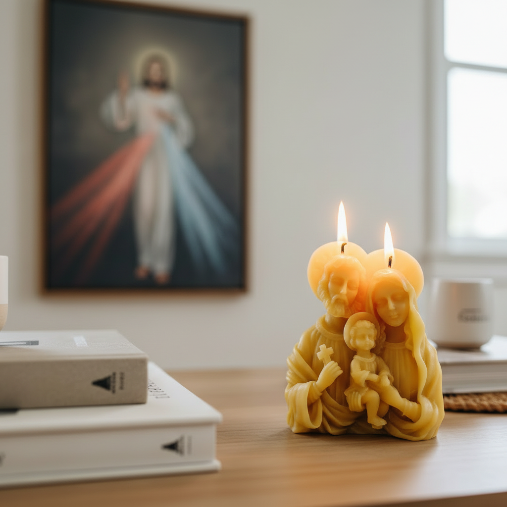 Beeswax candles shaped like the Holy family on a table with a religious painting in the background.